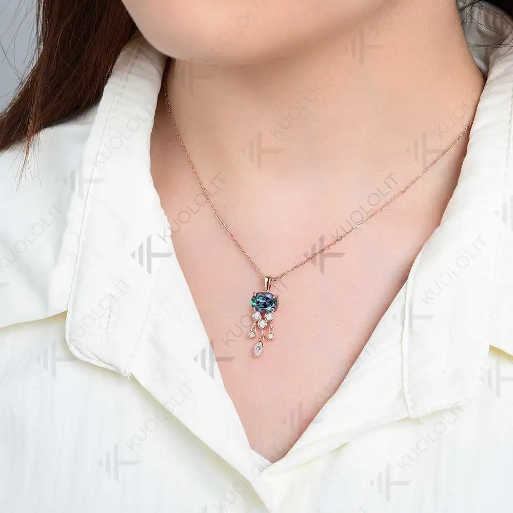 Kuololit 3CT Lab Grown Alexandrite with Moissanite Necklace for Women Solid 18K 14K 10K 585 Yellow Gold Pendant for Christmas