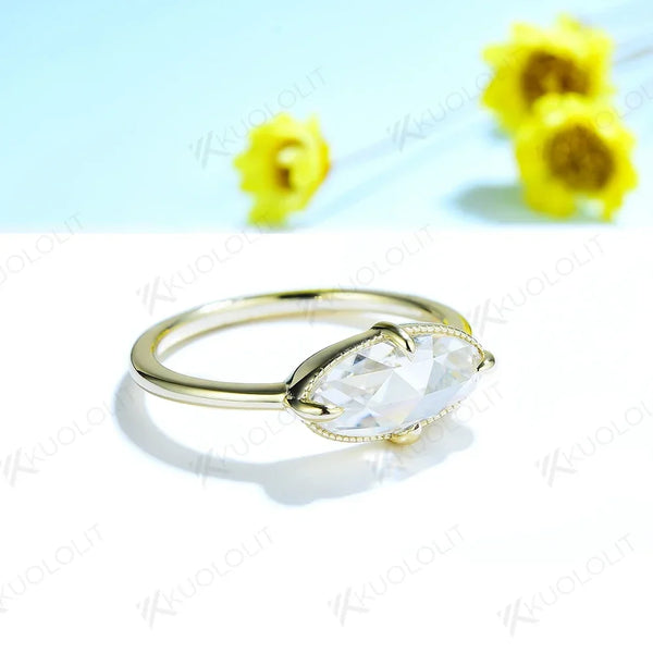 Kuololit Rose Cut Moissanite Rings for Women MenSolid 18K 14K Yellow Gold Oval Cut Prong set for Wedding Engagement Birthday