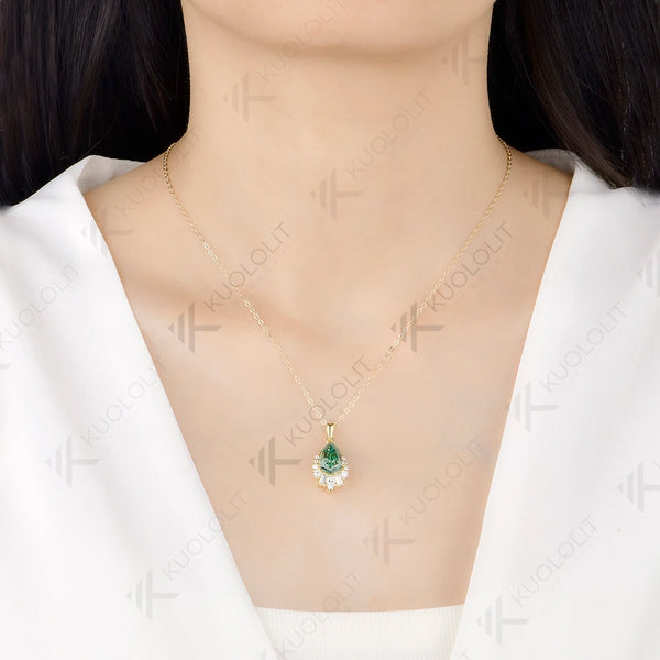 Kuololit 4CT Octagonal Pear Cyan Moissanite Necklace for Women Solid 14K 10K Yellow Gold Pedant for Christmas Party Gift Classic