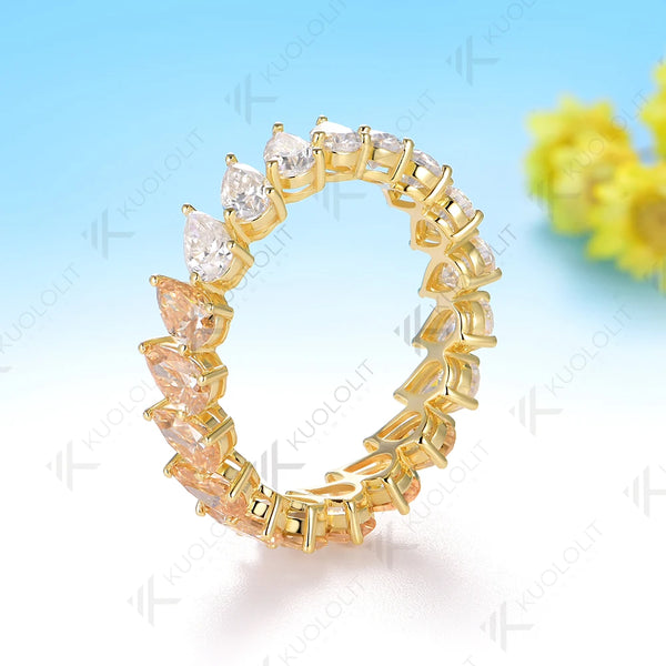 Kuololit 7CTW Half Champagne Moissanite Pear Ring for Women Solid 14K 10K 585 Gold Eternity Full Band for Christmas Gifts Party