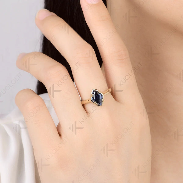 Kuololit 2CT Original Blue Moissanite Olive Shape Ring for Women Solid 14K 10K Yellow Gold Engagement Ring for Christmas Gifts