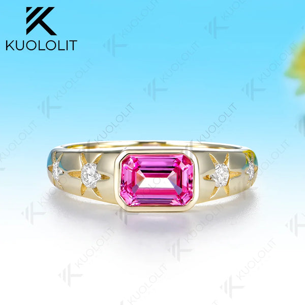 Kuololit 1CT Lab Grown Pink Sapphire Custom Ring for Women Solid 14K 10K 585 Yellow Gold Engagement Ring for Christmas Gifts