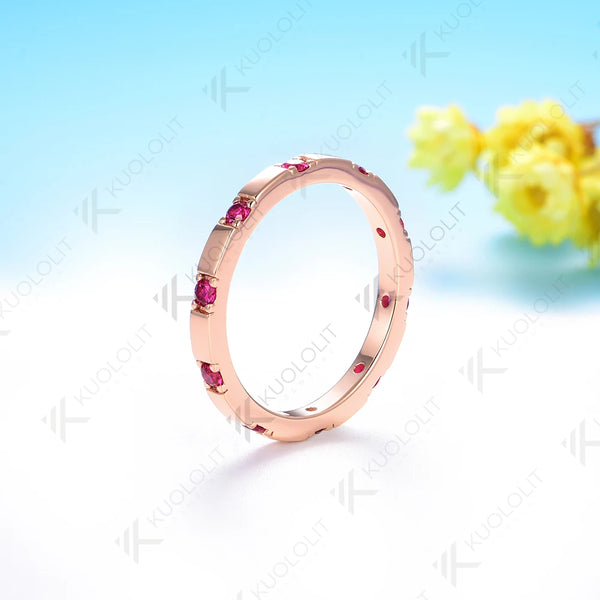 Kuololit 0.3CTW Lab Grown Ruby Band for Women Men Solid 585 14K 10K Silver Rose Gold Wedding Ring for Christmas Gifts Party