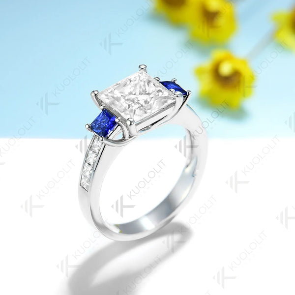 Kuololit3CT Priness Cut Moissanite Engagement Ring for Women Solid18K14K10KWhite Gold Lab Blue Sapphire Ring for Christmas Gifts