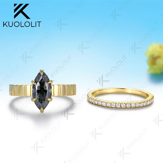 Kuololit 2CT Grey Marquise Moissanite Custom Set Ring for Women Solid 14K 10K 585 Yellow Gold Engagement Ring for Christmas Gift