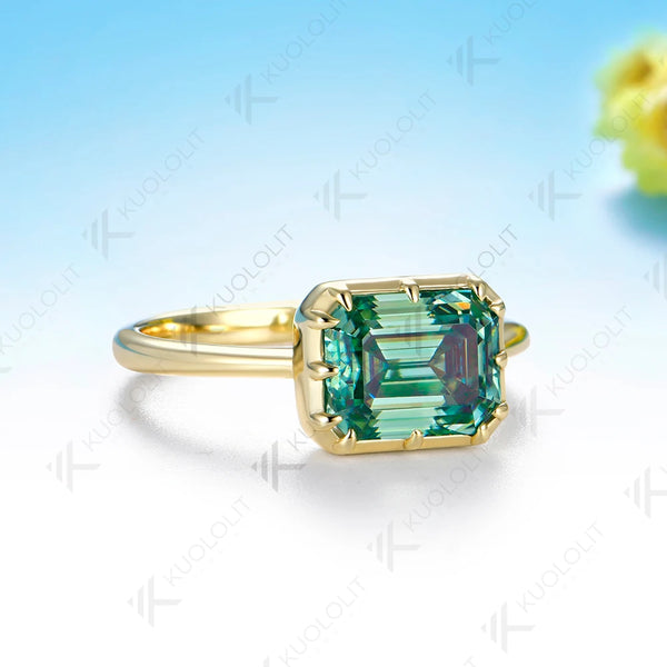 Kuololit 3CT Emerald Cut Cyan Moissanite Ring for Women Solid 14K 10K 585 Yellow Gold Ring for Engagement Party Christmas Gifts