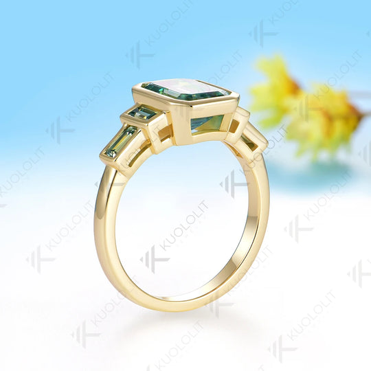 Kuololit 3CT Emerald Cut Cyan Moissanite Ring for Women Solid 14K 10K 585 Yelllow Gold Engagement Ring for Christmas Gifts Party