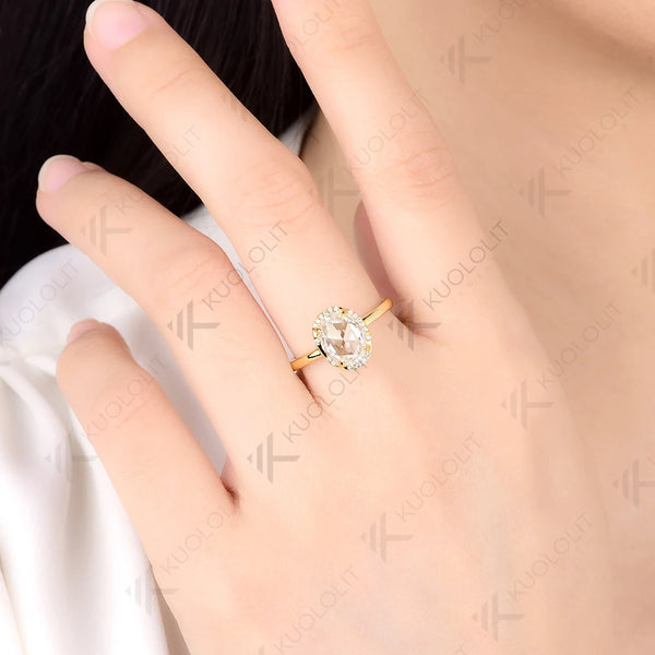 Kuololit 2CT Rose Oval Cut Moissanite Ring for Women Soild 10K 14K Yellow Gold Engagement Ring for Christmas Gift Anniversary