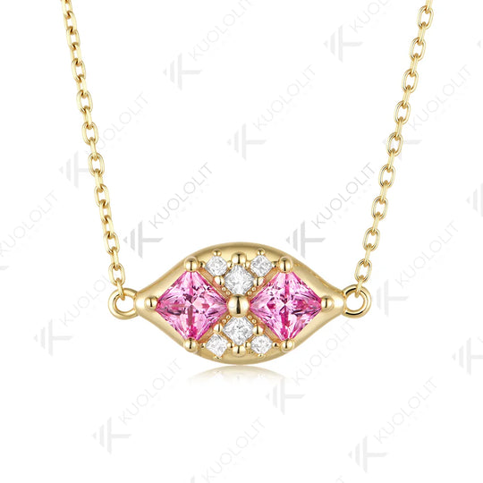 Kuololit 1.6CTW Lab Pink Sapphire Princess Cut Moissanite Custom Necklace for Women Solid 585 14K 10K Yellow Gold for Christmas