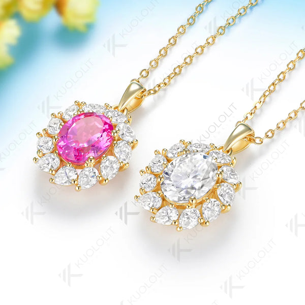 Kuololit 3.5CT Lab Pink Sapphire Pear Moissanite Necklace for Women Solid 585 14K 10K Yellow Gold Custom Necklace for Christmas