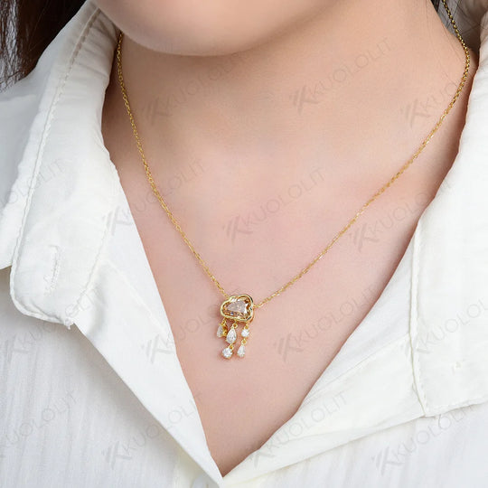 Kuololit 2CT Champagne Cyan Cloudy Moissanite Necklace for Women Solid 14K 10K 585 Rose Gold Wedding Necklace for Christmas Gift