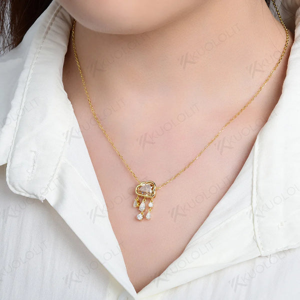 Kuololit 2CT Champagne Cyan Cloudy Moissanite Necklace for Women Solid 14K 10K 585 Rose Gold Wedding Necklace for Christmas Gift