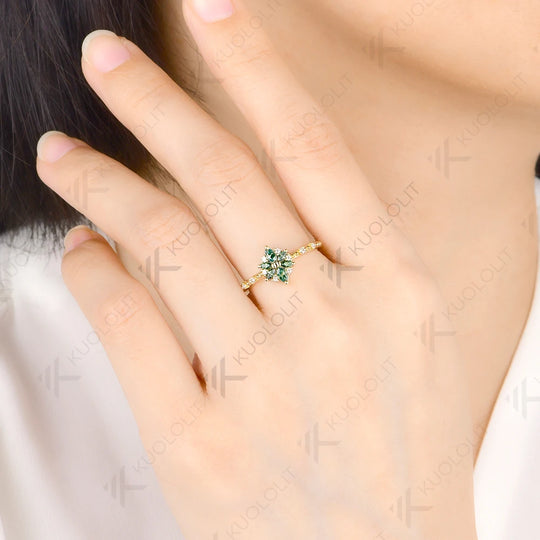 Kuololit 0.5CTW Cyan Moissanite Marquise Engagement Ring for Women Solid 14K 10K 585 Yellow Gold Flower Wedding Band for Christmas Jewelry