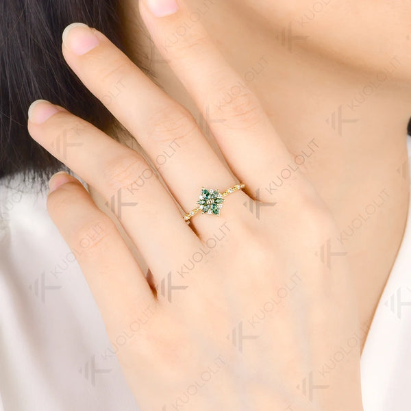 Kuololit 0.5CTW Cyan Moissanite Marquise Engagement Ring for Women Solid 14K 10K 585 Yellow Gold Flower Wedding Band for Christmas Jewelry