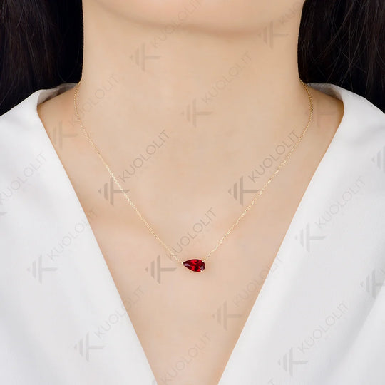 Kuololit 2.5CT Lab Grown Ruby Necklace for Women Solid 585 14K 10K Yellow Gold Pear Cut Custom Necklace for Christmas Gifts