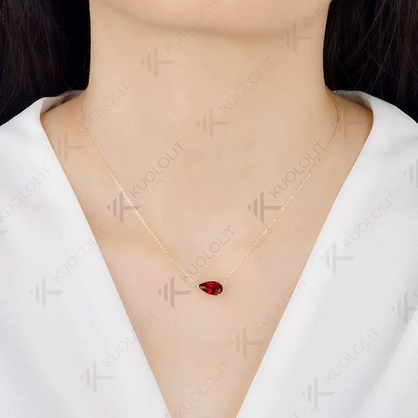 Kuololit 2.5CT Lab Grown Ruby Necklace for Women Solid 585 14K 10K Yellow Gold Pear Cut Custom Necklace for Christmas Gifts