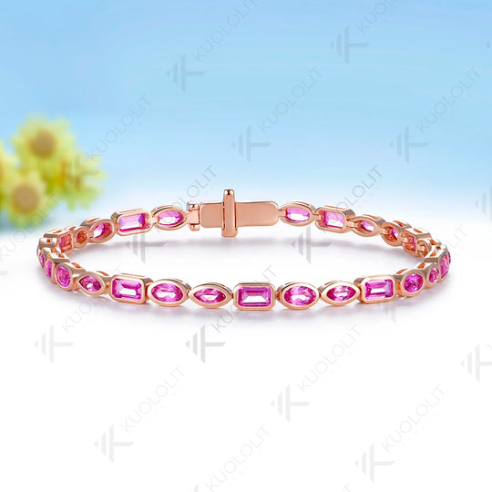 Kuololit 10CTW Lab Grown Pink Sapphire Custom Bracelet for Women Men 14K 10K 585 Yellow Gold Custom Bracelet for Christmas Gifts
