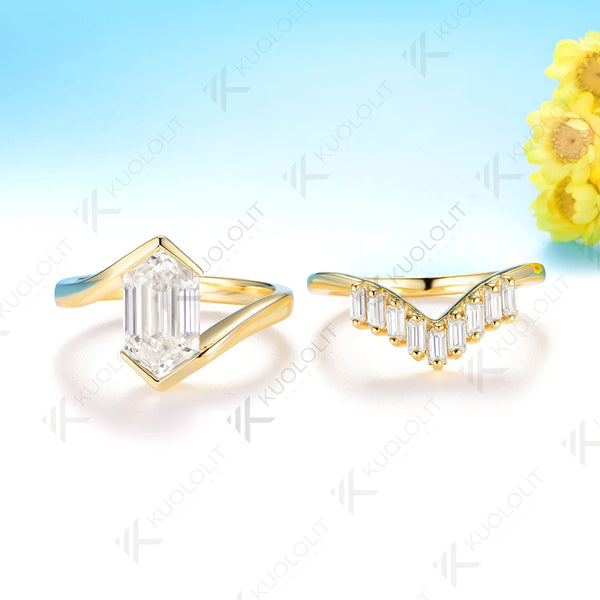 Kuololit 3CT Long Hexagon Cut Moissanite Set Ring for Women Solid 14K 10K 585 Yellow Gold Engagement Ring for Christmas Gifts