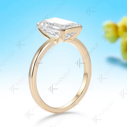 Kuololit 4CT Moissanite Custom Ring for Women Solid 14K 10K 585 Yellow Gold Emerald Cut Engagement Ring for Christmas Wedding