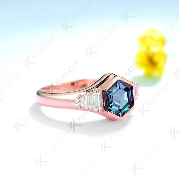 Kuololit 1.5CT Lab Grown Alexandrite Moissanite Engagement  Ring for Women Solid 18K 14K 10K 585 Rose Gold Ring for Christmas