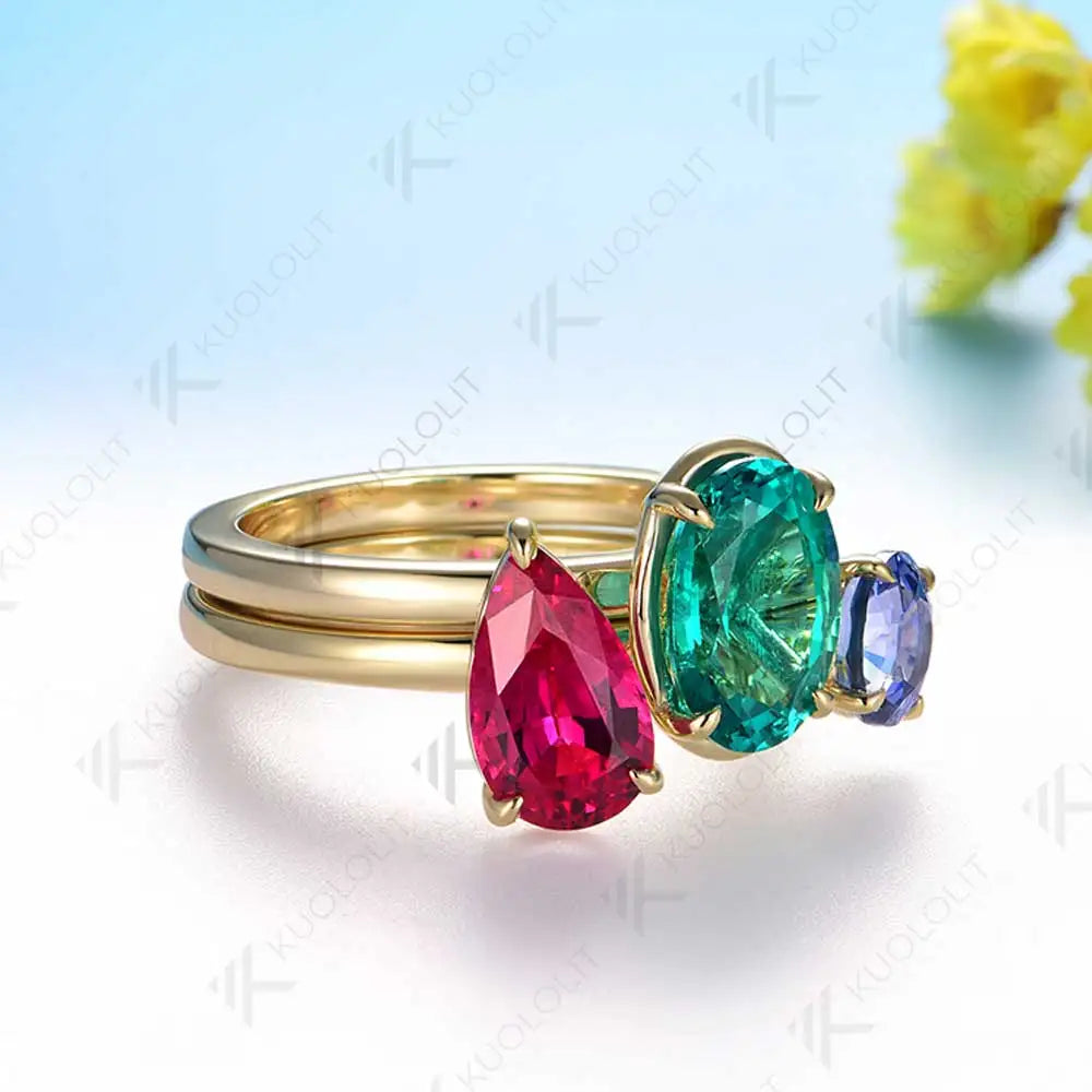 Kuololit 6.5CTW Lab Grown Eemerald Ruby Blue Sappphire Rings for Women Soild 14K 585 Gold Set Ring for Engagement Christmas Gift