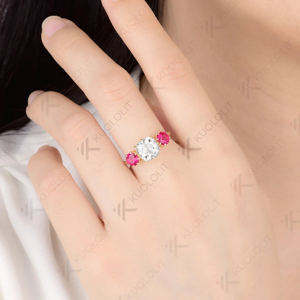 Kuololit 2.5CT OMC Cut Moissanite Lab Grown Ruby Ring for Women Soild 10K 14K Yellow Gold for Christmas Anniversary Engagement
