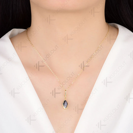 Kuololit 2CT Blue Cyan Moissanite Marquise Necklace for Women 14K 10K 925Sliver Yellow Gold Pendant with Chain for Party Classic Gift