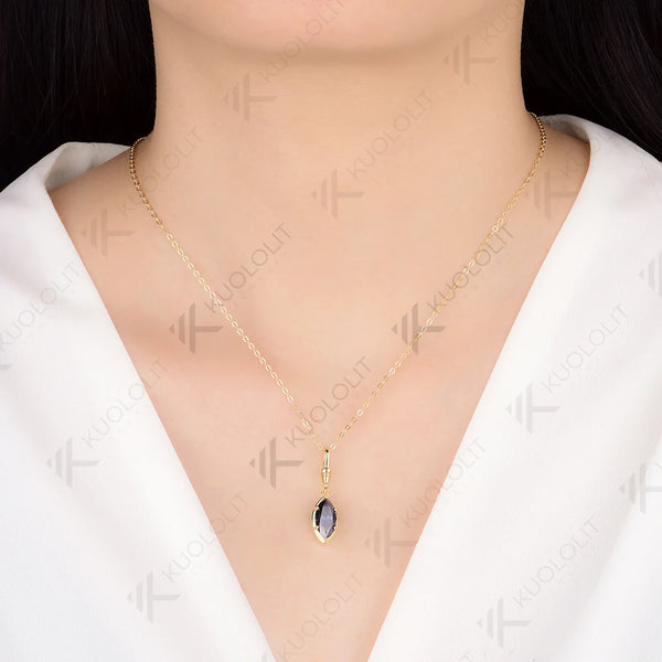 Kuololit 2CT Blue Cyan Moissanite Marquise Necklace for Women 14K 10K 925Sliver Yellow Gold Pendant with Chain for Party Classic Gift