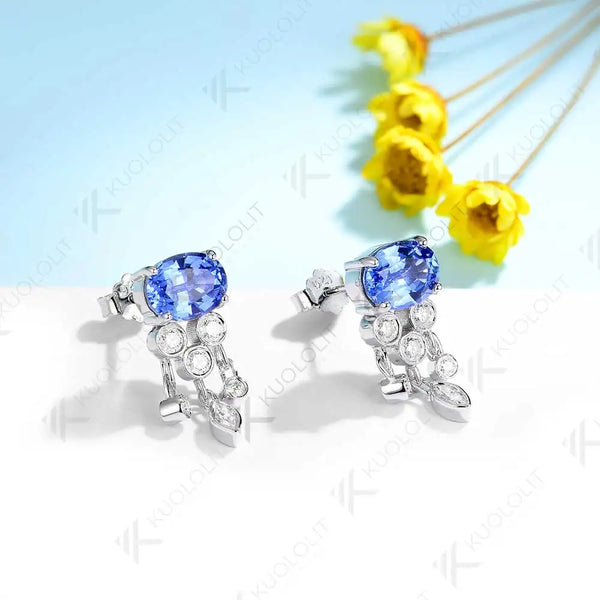 Kuololit 3.7ctw Lab Grown Blue Sapphire Wiht Moissanite  Stud Earrings for Women Solid 14K 10K 585 Gold  Earrings for Christmas