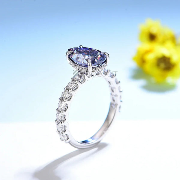 Kuololit 3CT Blue Moissanite Ring for Women Solid 18K White Gold Origanal Blue Color Pear Cut E W Ring for Engagement Christmas