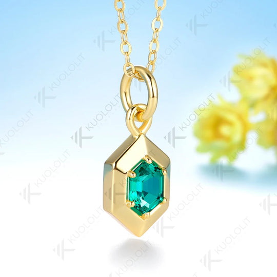 Kuololit 1CT Each Lab Emerald Hexagon Cut Custom Necklace for Women Solid 585 14K 10K Yellow Gold Necklace for Christmas Gift