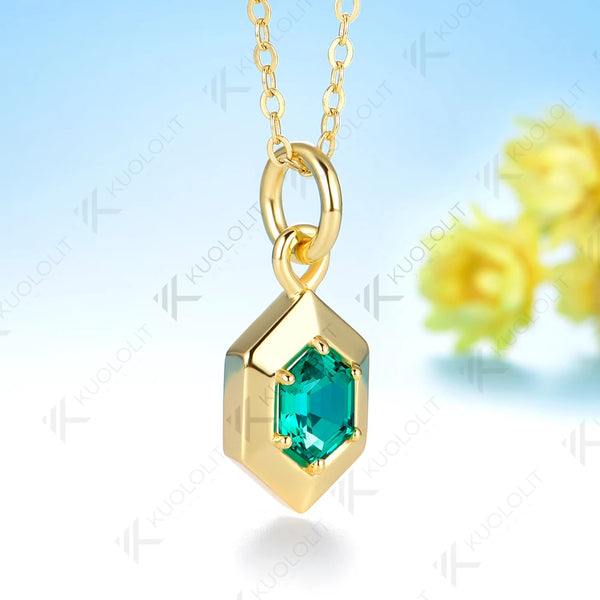Kuololit 1CT Each Lab Emerald Hexagon Cut Custom Necklace for Women Solid 585 14K 10K Yellow Gold Necklace for Christmas Gift