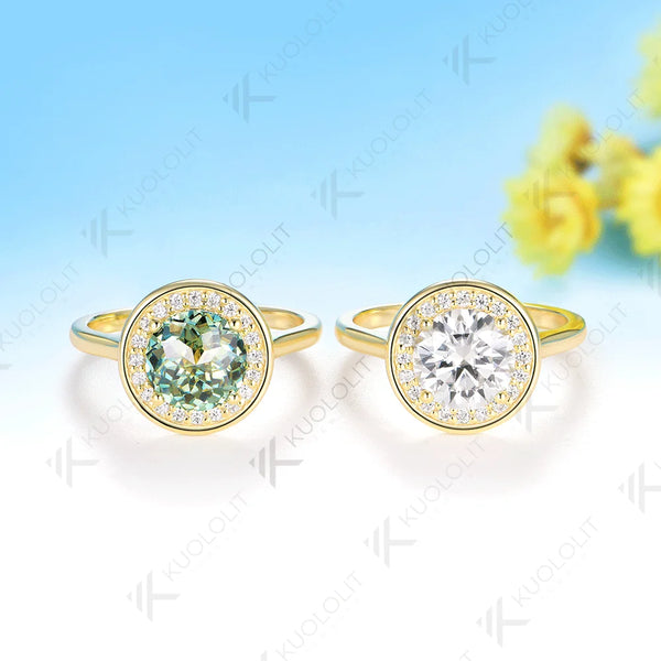 Kuololit 2CT Jubilee Cut Cyan Round Moissanite Ring for Women Solid 14K 10K 585 Yellow Gold Engagement Ring for Christmas Gifts