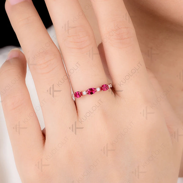 Kuololit 1CTW Lab Grown Ruby Moissanite Ring for Women Solid 10K 14K Rose Gold Gemstone Ring for Wedding Christmas Gifts Party