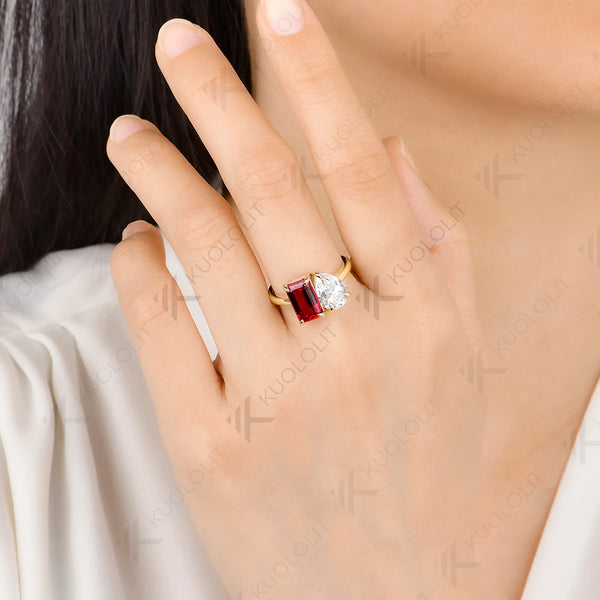 Kuololit 5.5CTW Lab Grown Ruby Moissantie Custom Ring for Women Solid 14K 10K  Yellow Gold Pear for Anniversary Christmas Gift