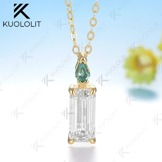 Kuololit 2CT Moissanite Cyan Moissanite Necklace for Women Solid 585 14K 10K Yellow Gold Necklace for Engagement Christmas Gifts
