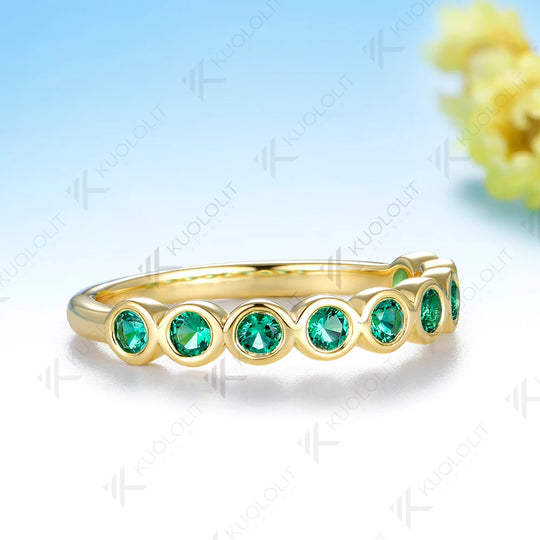 Kuololit Lab Grown Emerald Ring for Women Men Solid 14K 10K Yellow Gold Half Eternity Wedding Band for Christmas Engagement Gift