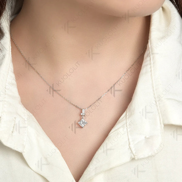 Kuololit 1CT Moissanite Necklace for Women Solid 10K 14K 18K 925 Sliver Princess Pendant with Chain for Engagement Christmas