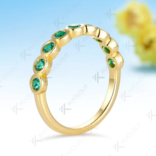 Kuololit Lab Grown Emerald Ring for Women Men Solid 14K 10K Yellow Gold Half Eternity Wedding Band for Christmas Engagement Gift