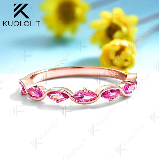 Kuololit 0.7CTW Lab Grown Pink Sapphire Marquise Ring for Women Solid 14K 10K 585 Rose Gold Wedding Band for Christmas Gifts