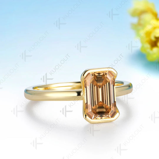 Kuololit 2.5CT Champagne Moissanite Ring for Women Solid 14K 10K Yellow Gold Engagement emerald Cut for Christmas Gifts Party