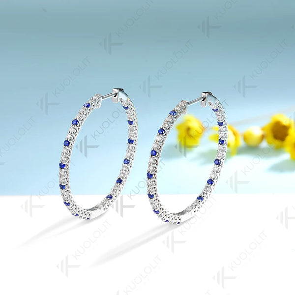 Kuololit Lab Blue Sapphire Moissanite Hoop Earrings for Women Solid 14K 10K 585 Gold Alternate Gemstone Earrings for Christmas