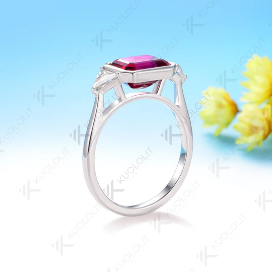 Kuololit 3CT Lab Grown Ruby Emerald Cut Moissanite for Women Solid 10K 585 White Gold Asscher Ring for Engagement Christmas Gift