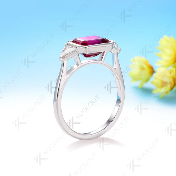 Kuololit 3CT Lab Grown Ruby Emerald Cut Moissanite for Women Solid 10K 585 White Gold Asscher Ring for Engagement Christmas Gift