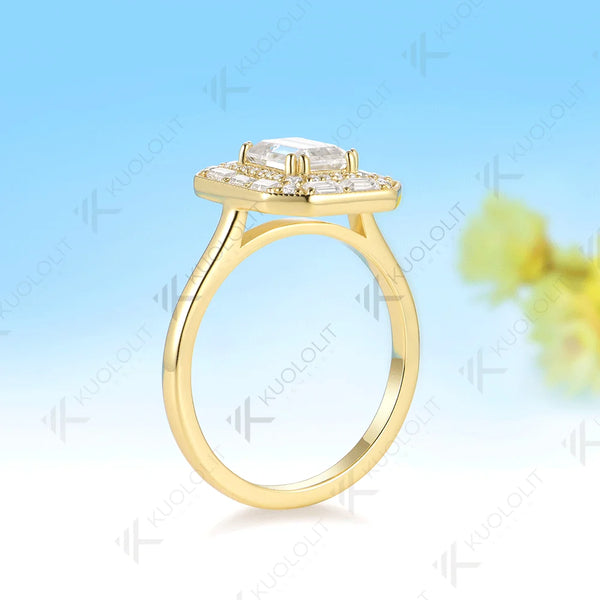 Kuololit 1CT Emerald Cut Moissanite Ring for Women Solid 14K 10K 585 Yellow Gold Engagement Ring for Christmas Gift Anniversary