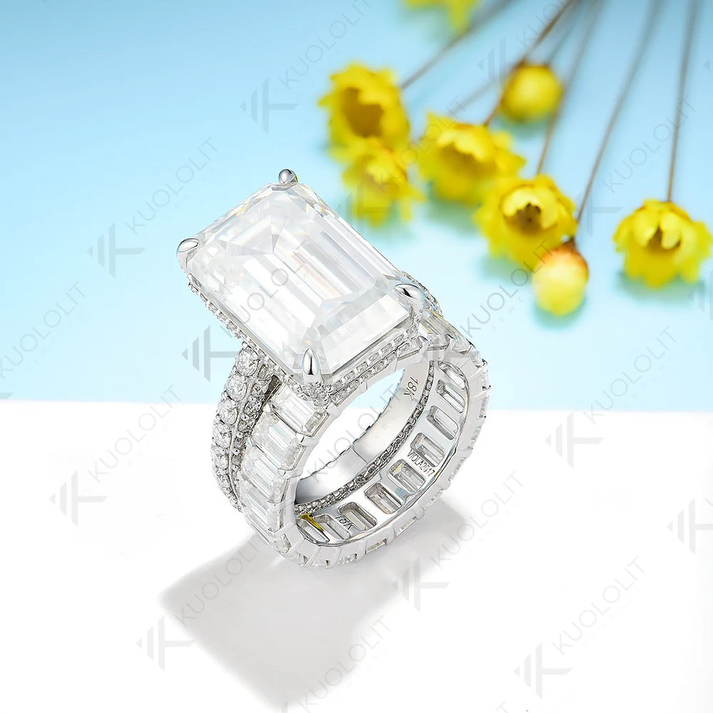 Kuololit 16CTWMoissanite Rings for Women Men PT950 Solid 14K 10K White Gold Emerald Cut  for Wedding Luxury Engagement Christmas
