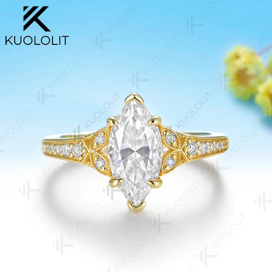 Kuololit 2CT Moissanite Custom Ring for Women Solid 14K 10K 585 Yellow Gold Marquise Cut for Christmas Gifts Engagement Wedding