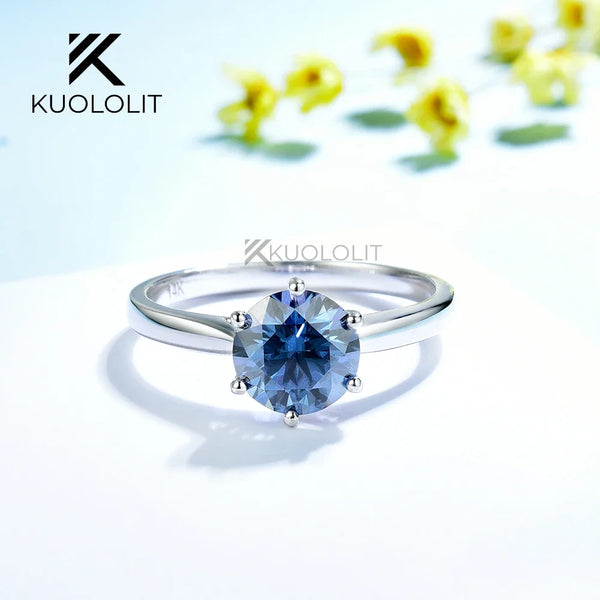 Kuololit 2CT Blue Moissanite Ring for Women Solid 14K 10K Yellow Gold Origanal Blue Color Round Ring for Engagement Christmas