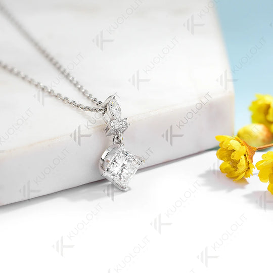 Kuololit 1CT Moissanite Necklace for Women Solid 10K 14K 18K 925 Sliver Princess Pendant with Chain for Engagement Christmas