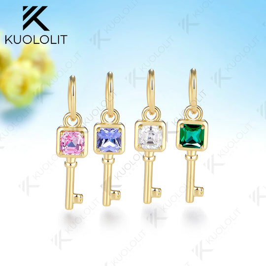 Kuololit Key Pendant Lab Grown Emerald Pink Sapphire Moissanite for Women Solid Yellow Gold No Chain